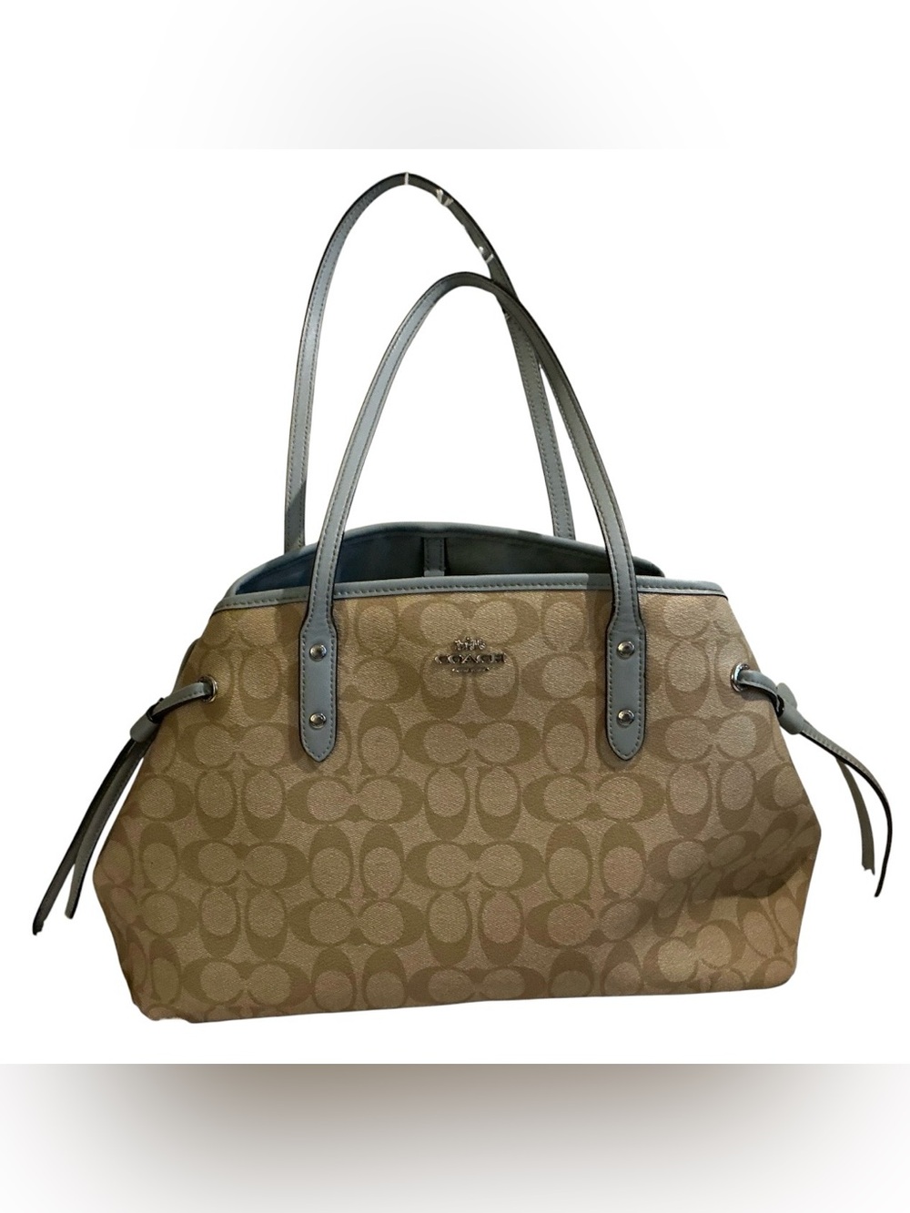 Coach Signature Drawstring Carryall Tote Khaki Powder Blue Leather Authenticated